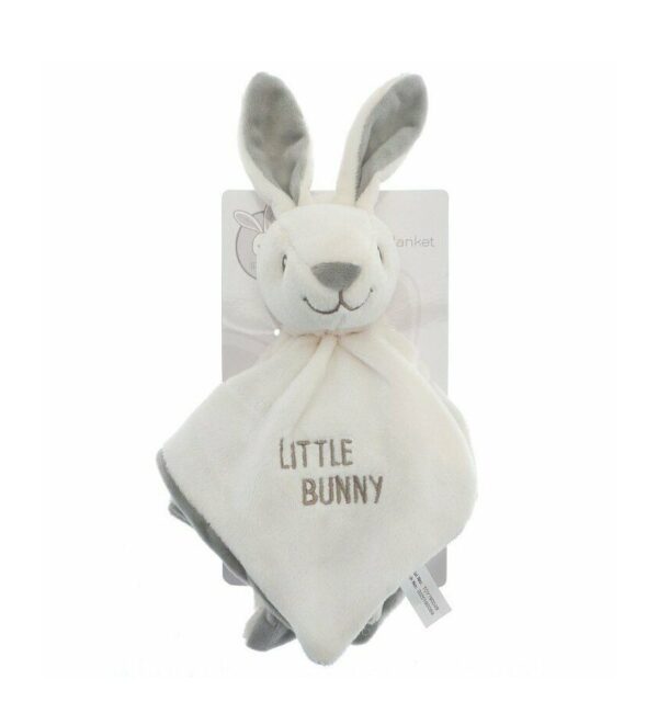 Baby Cream and Grey Little Bunny Plush Embroidered Comfort Blanket