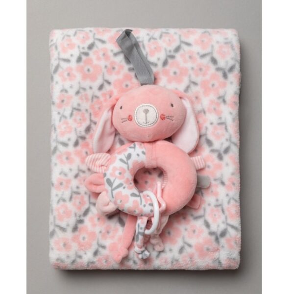 Baby Girls Bunny Pink Teether and Flower Blanket