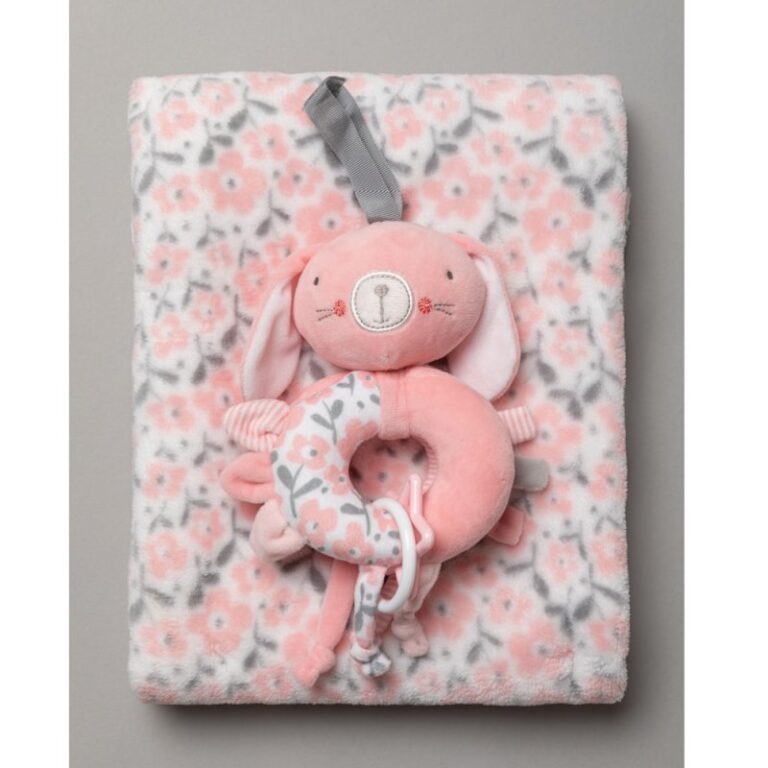 Baby Girls Bunny Pink Teether and Flower Blanket